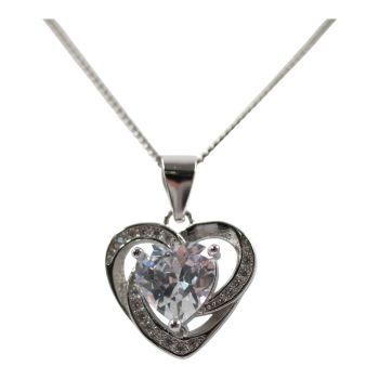 Rhodium plated sterling Silver heart pendant with Clear cubic zirconia stones.
