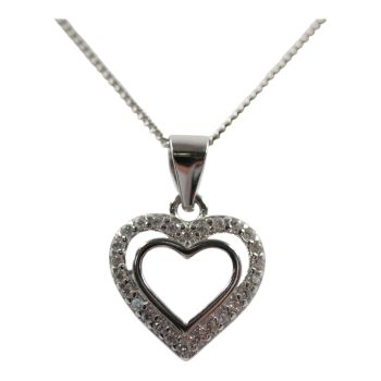 Rhodium plated sterling Silver heart pendant with Clear cubic zirconia stones.
