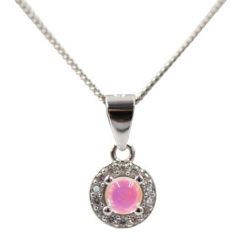 Rhodium plated sterling Silver pendant with Clear cubic zirconia stones and a moon stone.
