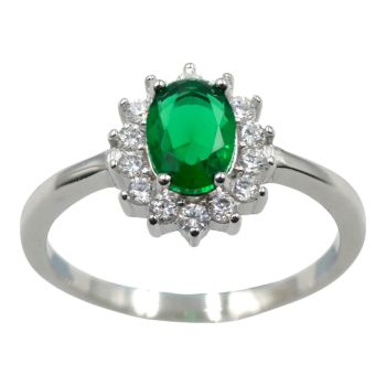 Rhodium plated sterling Silver ring with Clear and Emerald cubic zirconia stones.