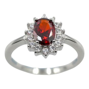 Rhodium plated sterling Silver ring with Clear and Garnet cubic zirconia stones.