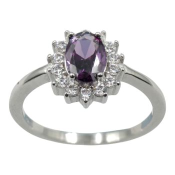 Rhodium plated sterling Silver ring with Clear and Amethyst cubic zirconia stones.