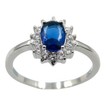 Rhodium plated sterling Silver ring with Clear and Sapphire cubic zirconia stones.
