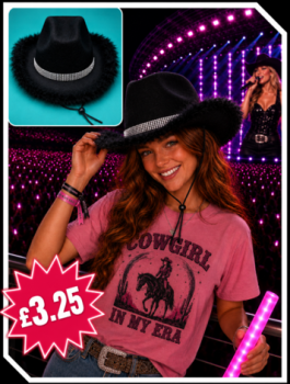 Black cowboy hat with a feather trim and genuine clear crystal stones.

