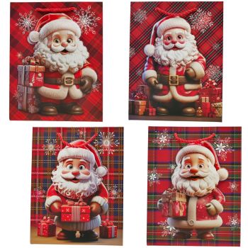 Santa themed Christmas paper gift bags with twisted rope handles.

