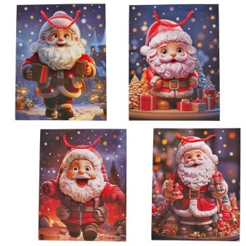 Santa themed Christmas paper gift bags with twisted rope handles.
In 4 assorted designs.
