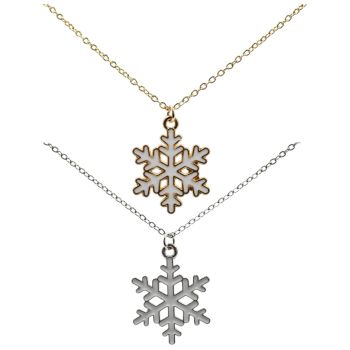 Gold or Rhodium colour plated copper-based high-quality snowflake design pendant, with White enamelling.
Supplied on a 16 inch chain with a 2.25 inch extension chain.

