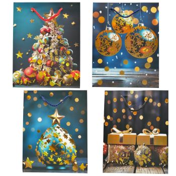 Christmas themed paper gift bags with twisted rope handles.
In 4 assorted designs.

