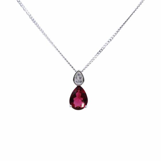 Rhodium plated sterling Silver pendant with Clear and Garnet cubic zirconia stones.

