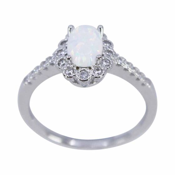 Rhodium plated sterling silver ring with clear cubic zirconia stones and synthetic White opal.