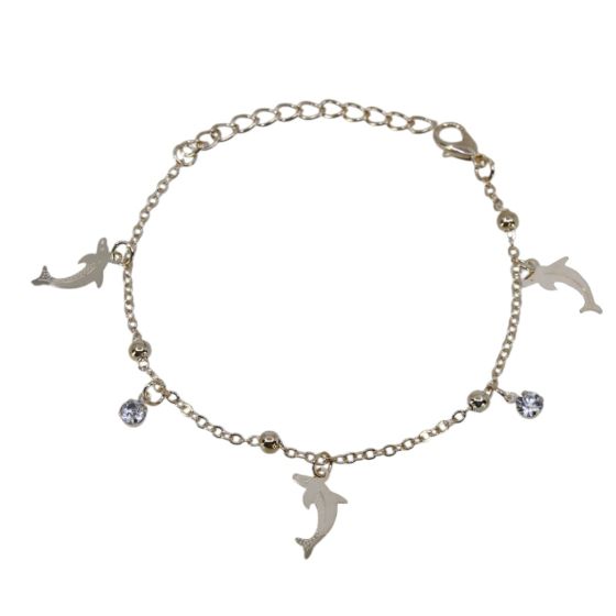 Gold colour plated dolphin charm design bracelet with genuine Clear crystal stones.
