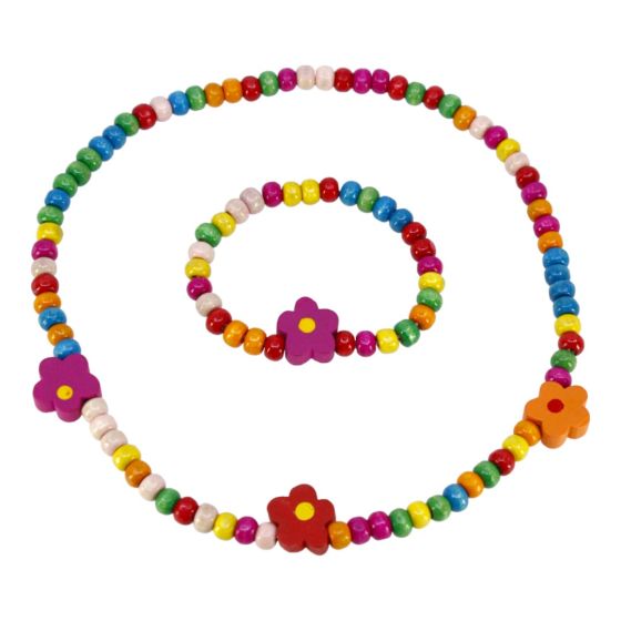 girls kids Flower design, elasticated wooden bead necklace and bracelet set
