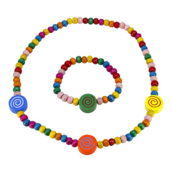 Swirl design, elasticated wooden bead necklace and bracelet set
