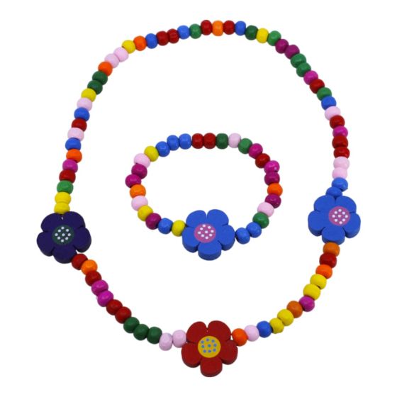 Flower design, elasticated wooden bead necklace and bracelet set
