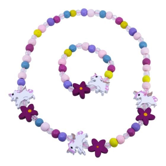 Unicorn and flower design, elasticated wooden and acrylic bead necklace and bracelet set
