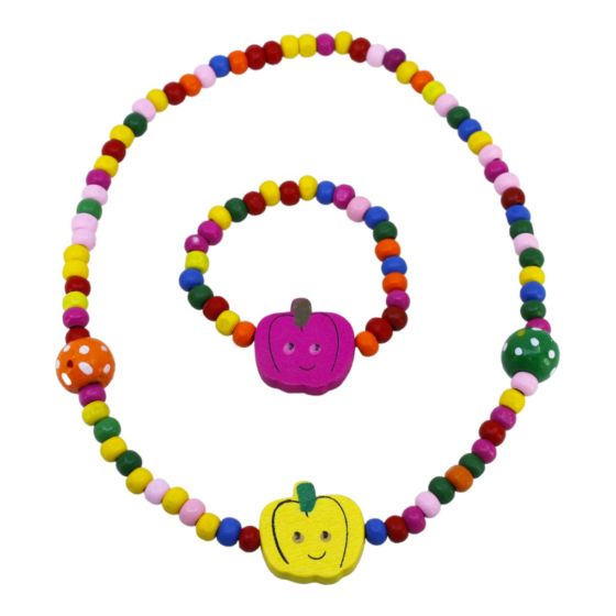 Pumpkin design, elasticated wooden bead necklace and bracelet set