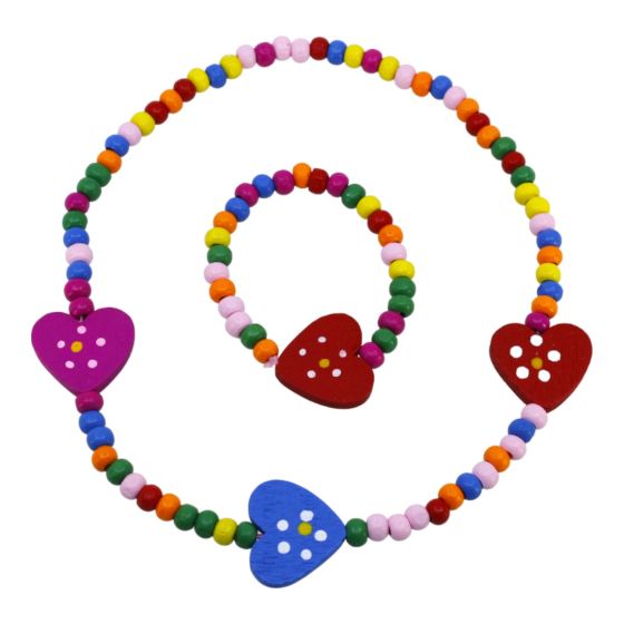 Heart design, elasticated wooden bead necklace and bracelet set
