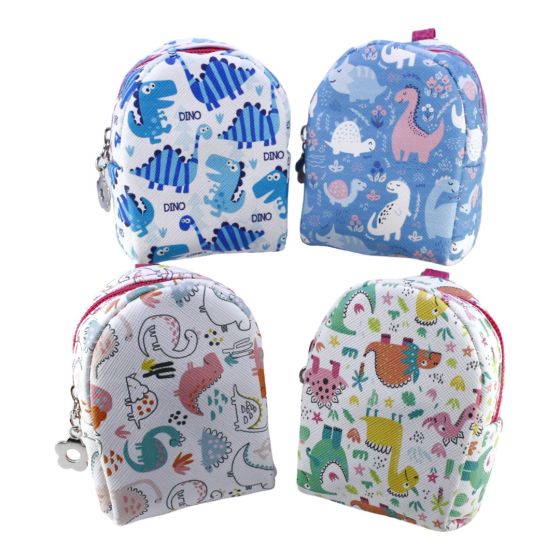 Back pack shape, dinosaur design coin purses with a metal keyring.
