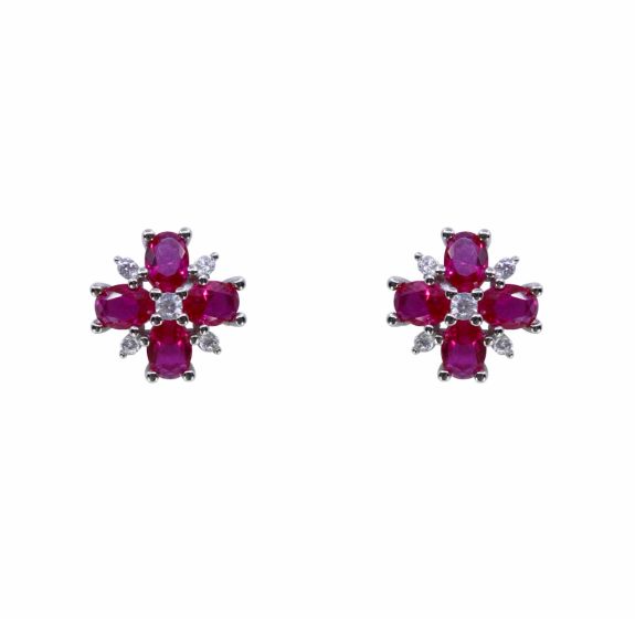 Rhodium plated sterling Silver stud earrings with Clear and Rhodolite cubic zirconia stones.