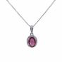 Rhodium plated sterling oval pendant with Clear and Rhodolite cubic zirconia stones.
