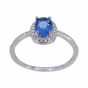 Rhodium plated sterling ring with Clear and Light Sapphire cubic zirconia stones.