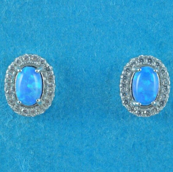 Silver Clear CZ & Blue Opal Oval Stud Earrings