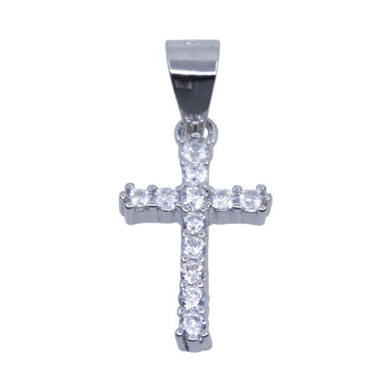 Rhodium plated sterling Silver cross pendant with Clear cubic zirconia stones.