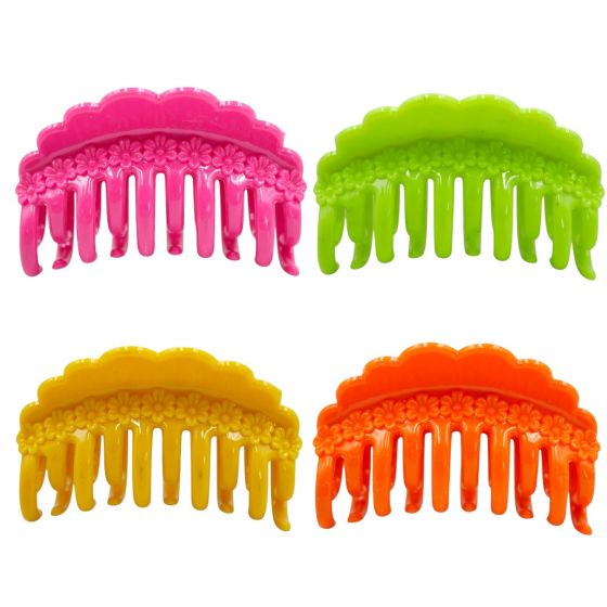 Acrylic flower hair clamps.
In assorted Neon colours of Pink, Yellow, Orange and Green.