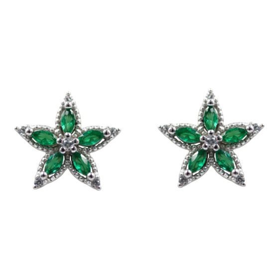 Rhodium plated sterling Silver flower stud earrings with Clear and Emerald cubic zirconia stones.