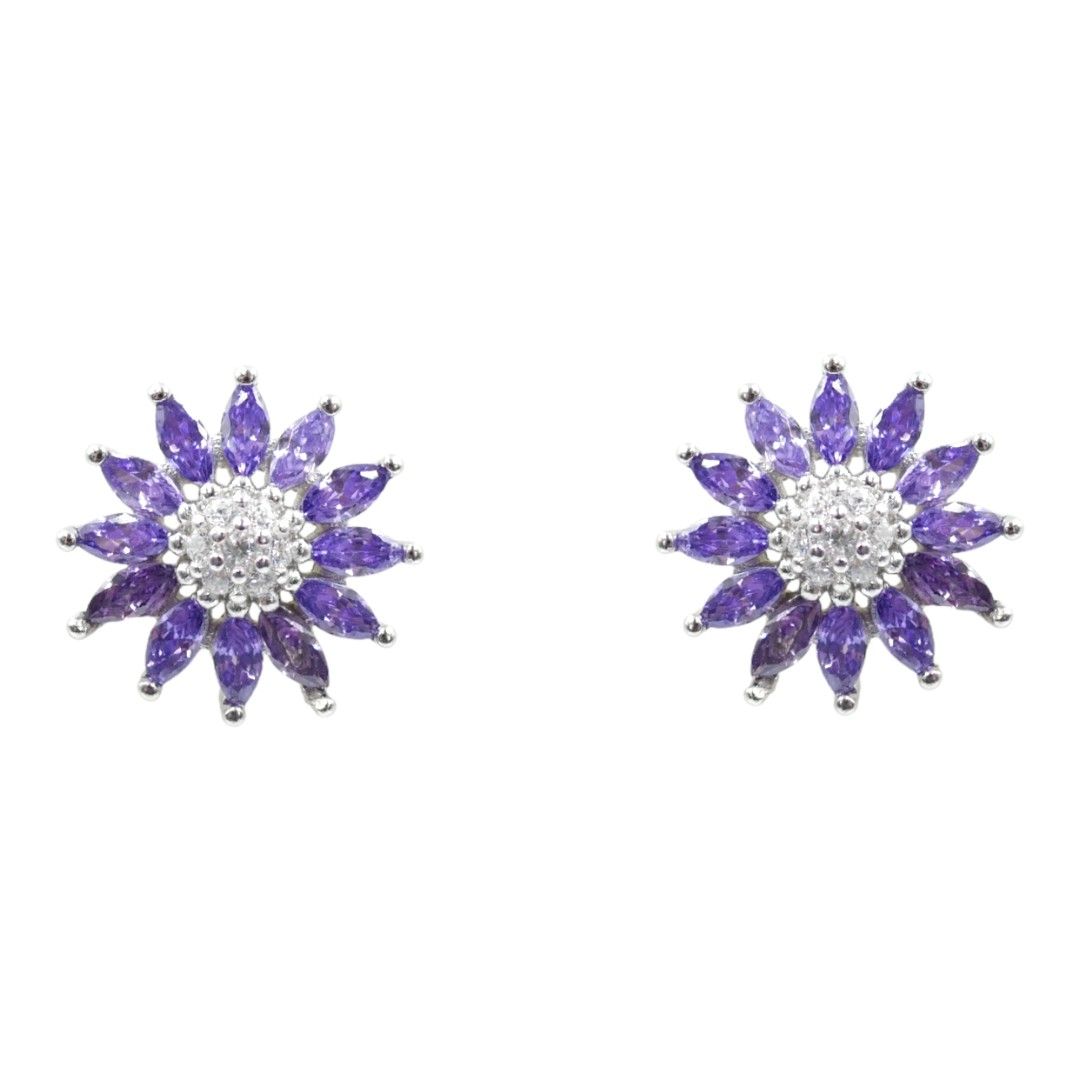 Buy Silver Clear Amethyst CZ Flower Stud Earrings Online