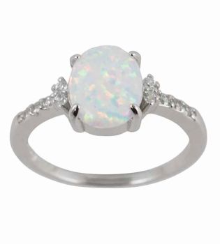 Silver Clear CZ & White Opal Oval Ring