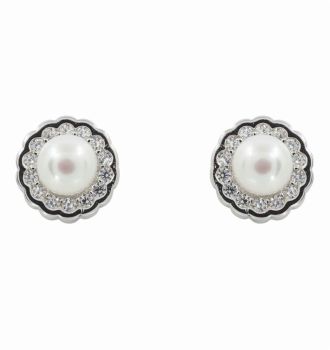 Silver Clear CZ &amp; Freshwater Pearl Stud Earrings