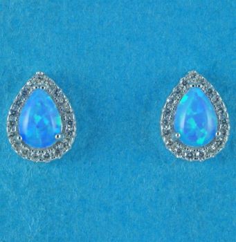 Silver Clear CZ & Blue Opal Teardrop Stud Earrings