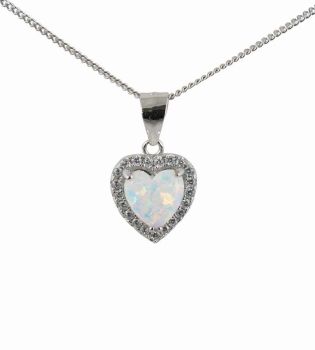 Silver Clear CZ & White Opal Heart Pendant