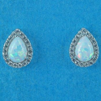 Silver Clear CZ & White Opal Teardrop Stud Earrings