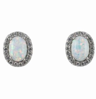 Silver Clear CZ &amp; White Opal Oval Stud Earrings