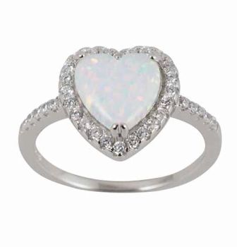 Silver Clear CZ & White Opal Heart Ring