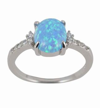 Silver Clear CZ & Blue Opal Oval Ring