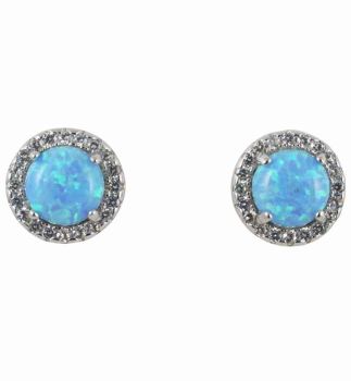 Silver Clear CZ & Blue Opal Stud Earrings