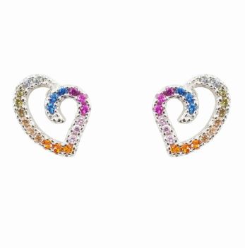 Silver Multi CZ Heart Stud Earrings