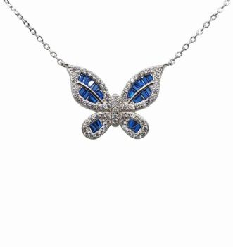 Silver Clear & Sapphire CZ Butterfly Necklace