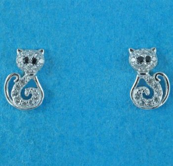 Silver Clear & Black CZ Cat Stud Earrings (£2.90 Each)