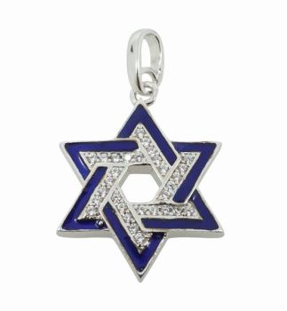 Silver Clear CZ & Navy Enamelled Star of David Pendant