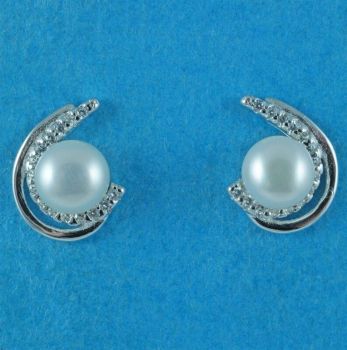 Silver Clear CZ & Freshwater Pearl Stud Earrings