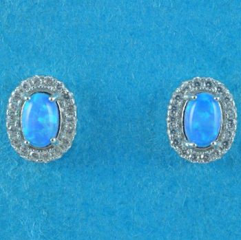 Silver Clear CZ &amp; Blue Opal Oval Stud Earrings