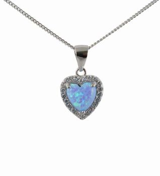 Silver Clear CZ &amp; Blue Opal Heart Pendant