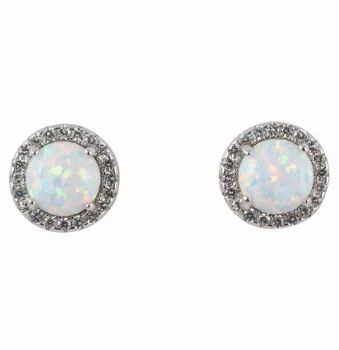 Silver Clear CZ & White Opal Stud Earrings