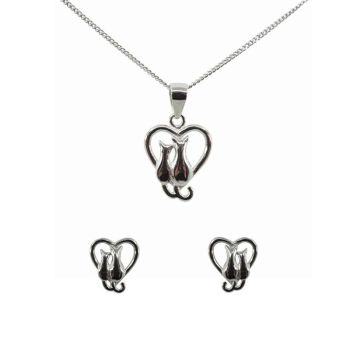 Silver Cats & Heart Pendant & Earrings Set
