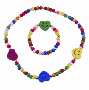 Heart Smiley Face Wooden Beaded Necklace and bracelet set (40p Per Set)