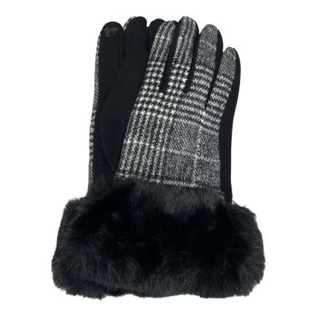 Ladies Winter Black and White Tartan Glove With faux fur Trim 